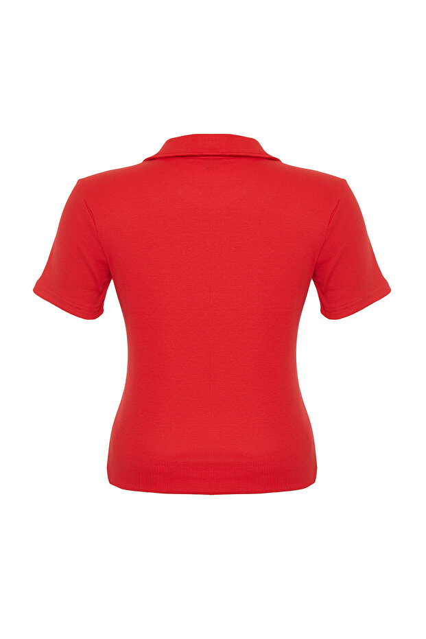 Kırmızı Polo Yaka Vücuda Oturan Fitilli Örme Bluz TBBSS22BZ0750 - 9