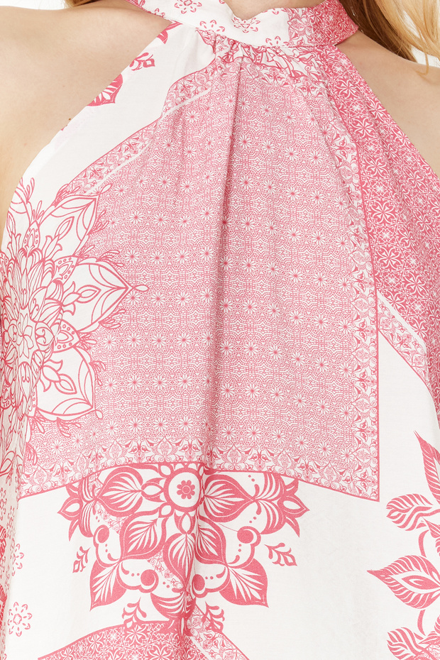 Pembe Kuşaklı Çiçek Desenli A Kesim Halter Yaka Mini Dokuma Elbise TWOSS24EL00711 - 4