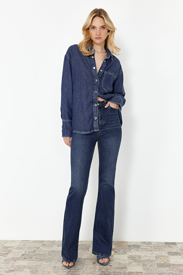 Koyu Mavi More Sustainable %100 Tencel™ Oversize Denim Gömlek TWOSS24GO00141 - 2