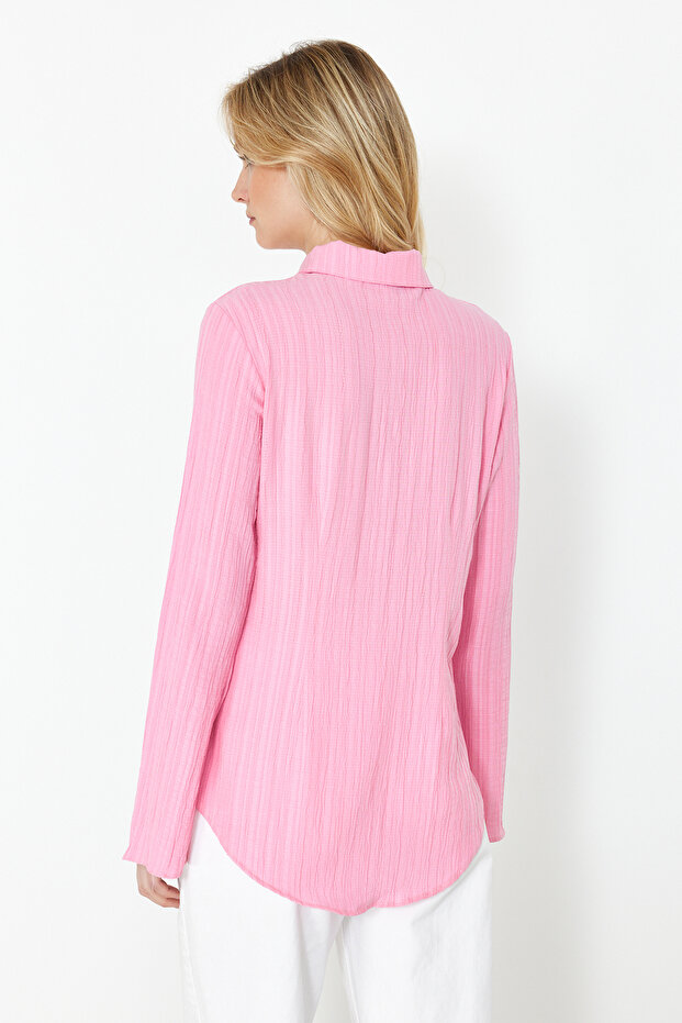 Açık Pembe Dokulu Fitted Bele Oturan Dokuma Gömlek TWOSS24GO00002 - 6
