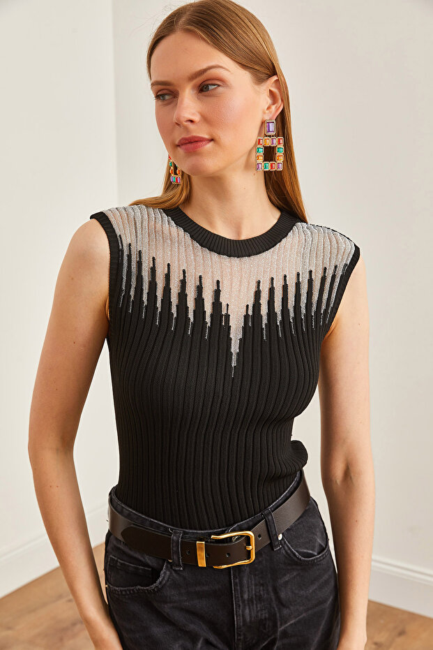Women's Black Silver Roba Sheer Ribbed Knitwear Blouse Blz- 19002645