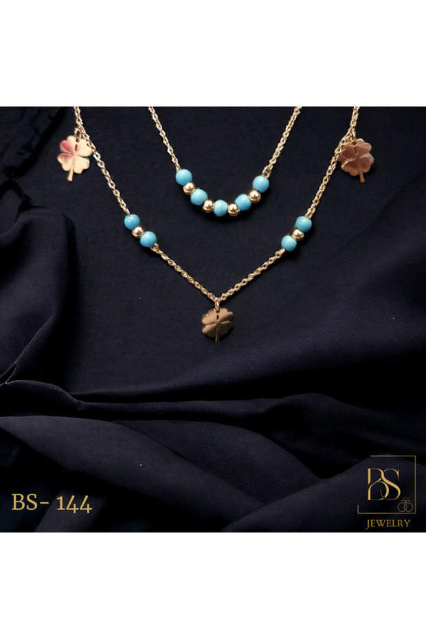 Clover Figured Blue Stone Steel Necklace Bs-144