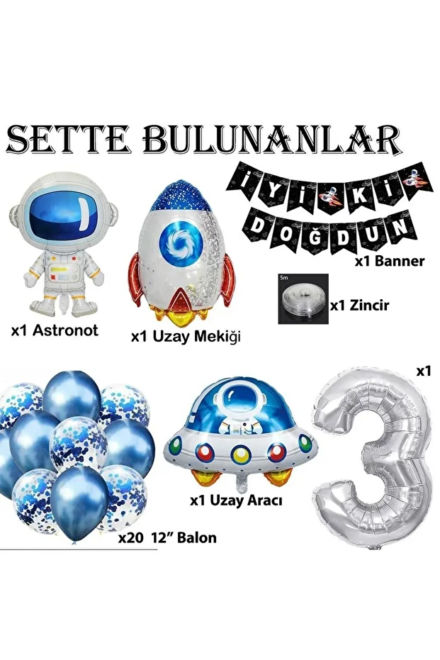 Uzay Konsepti 3 Yaş Doğum Günü Parti Kutlama Seti; Astronot, Ufo Ve Uzay Gemisi Folyo Balon Set - 2
