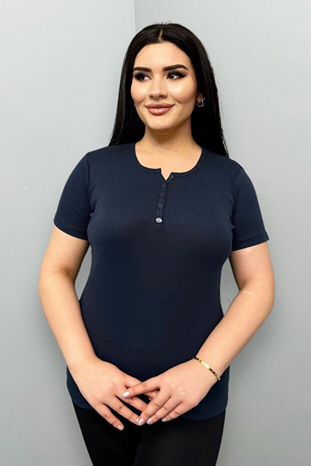 Plus Size Buttoned Front Cotton Basic Short Sleeve Blouse - 2