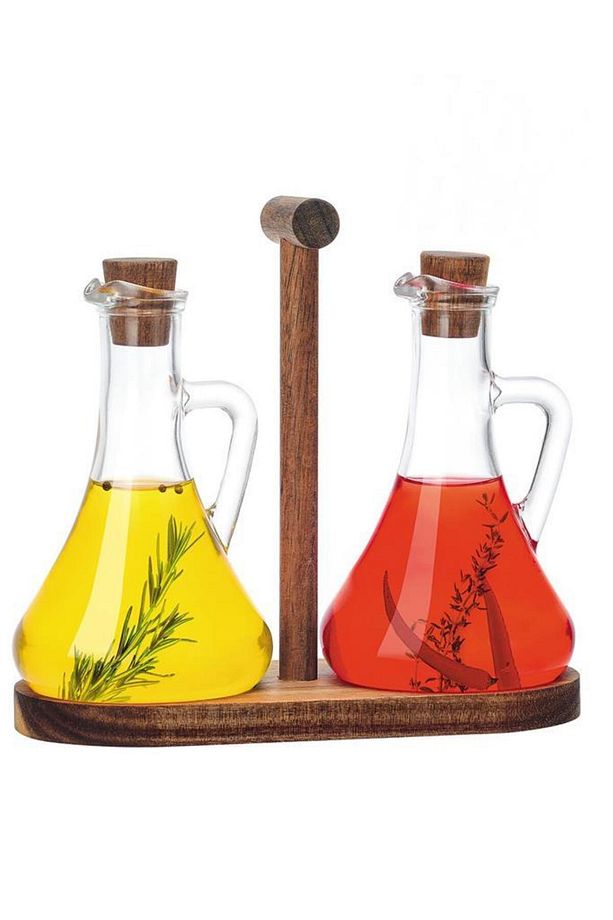 Bambu Standlı 2'li Cam Zeytinyağı ve Sıvıyağ Şişesi Yağdanlık 250 Ml – 8617005S C1-1-289 - 1