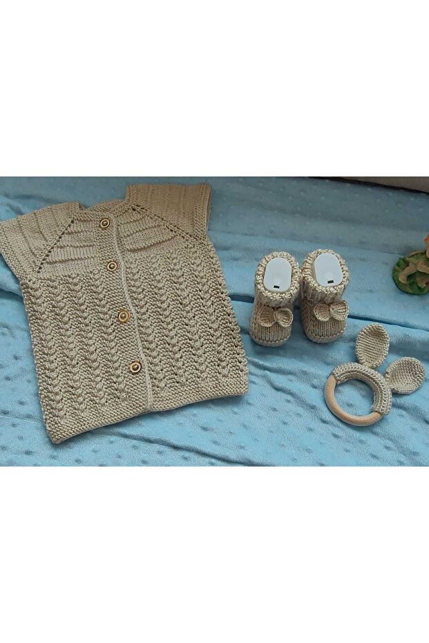 Baby Vest, Booties, Teether , Organic Cotton Hand-Knitted Beige Set