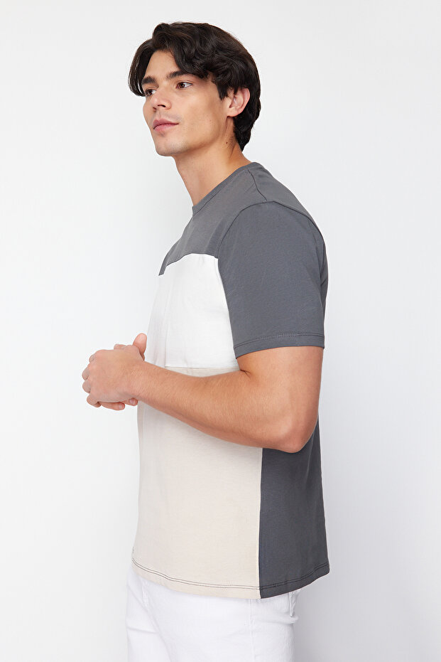 Antrasit Regular/Normal Kesim Renk Bloklu %100 Pamuklu T-Shirt TMNSS24TS00076 - 4