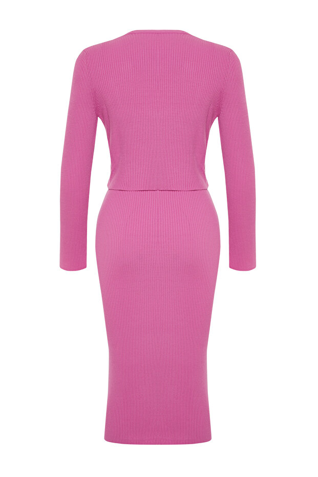 Pembe Vücuda Oturan Midi Triko Hırka Elbise Takım TWOSS21EL0208 - 13