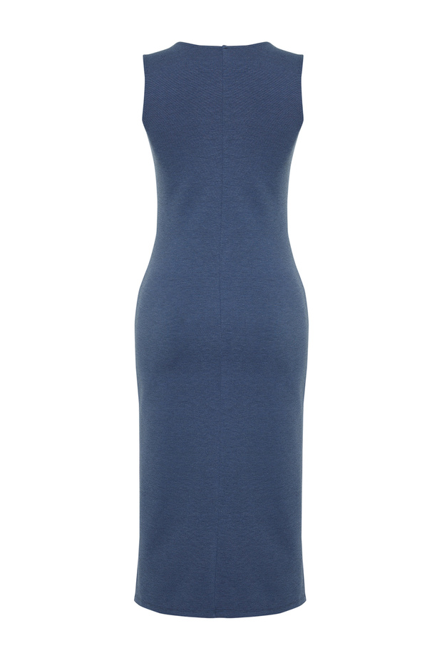 Indigo Sıfır Kol Yırtmaç Detaylı Bodycone/Vücudu Saran Esnek Örme Midi Kalem Elbise TWOSS24EL00108 - 8