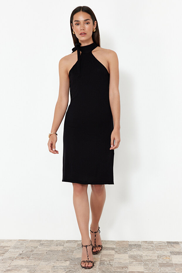 Siyah Düz Bodycone Mini Triko Elbise TWOSS24EL00854 - 1