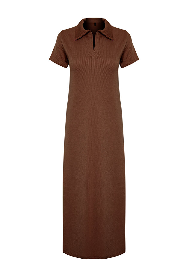 Kahverengi Polo Yaka Shift/Nromal Kesim Midi Örme Elbise TWOSS24EL01012 - 7