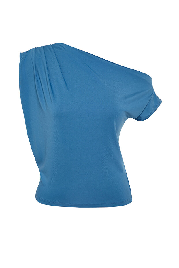 Indigo Regular/Normal Kalıp Asimetrik Yaka Sıfır Kol Esnek Örme Bluz TWOSS24BZ00396 - 7