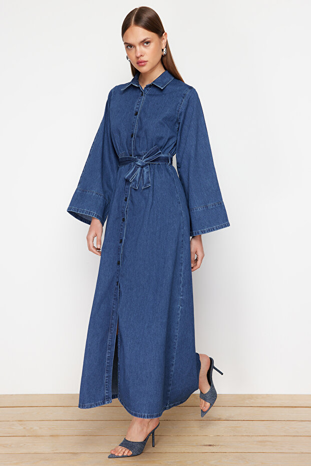 Koyu Mavi Kuşaklı Maxi Modest Denim Gömlek Elbise TWOSS24EL00923 - 1