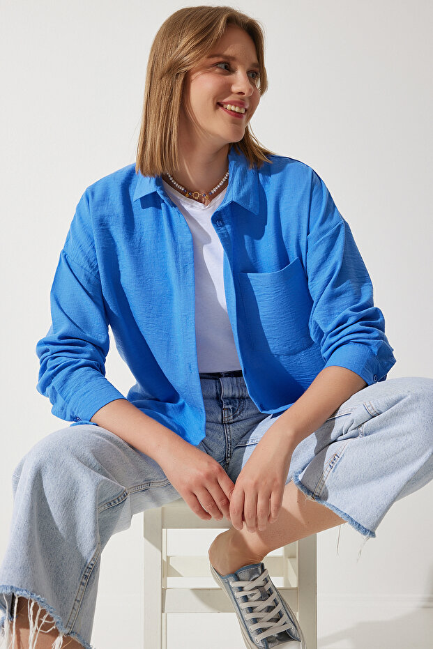 Women's Blue Oversize Linen Ayrobin Shirt DD01222
