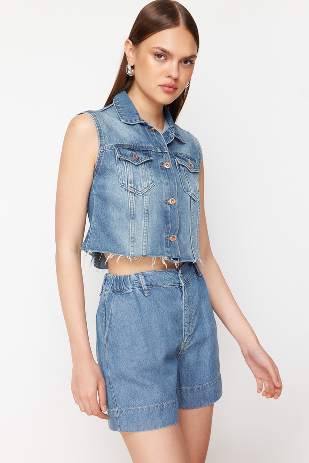 Mavi %100 Tencel™ Beli Lastikli Yüksek Bel Şort TWOSS24SR00116 - 2