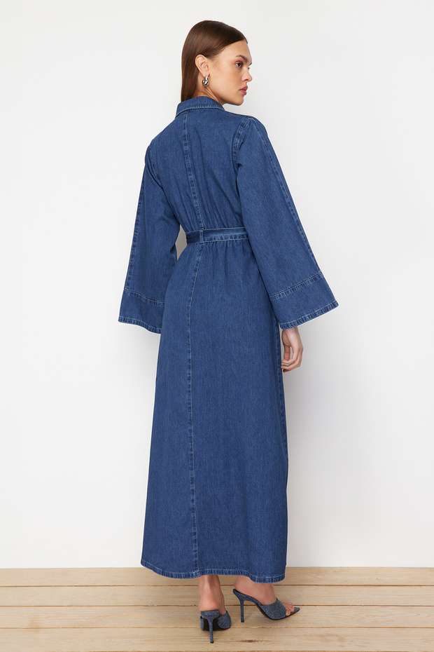 Koyu Mavi Kuşaklı Maxi Modest Denim Gömlek Elbise TWOSS24EL00923 - 6