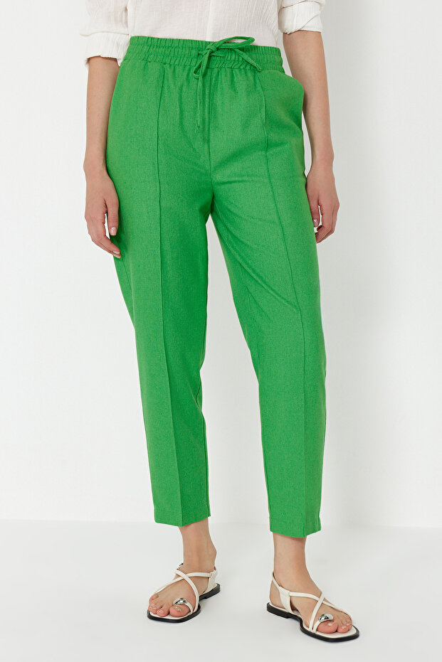 Yeşil Beli Lastikli Pull On Keten Karışımlı Dokuma Pantolon TWOSS24PL00144 - 5