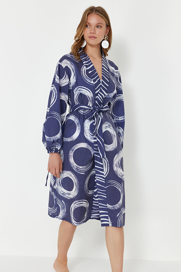 Geometric Patterned Belted Mini Woven 100% Cotton Kimono&Kaftan TBESS24KM00051