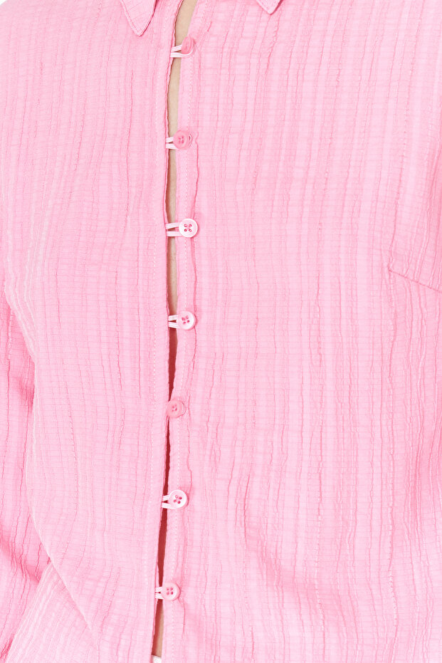 Açık Pembe Dokulu Fitted Bele Oturan Dokuma Gömlek TWOSS24GO00002 - 5