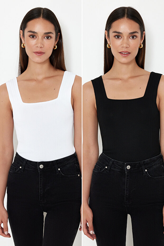 Siyah-Ekru Basic İkili Paket Top İnce Triko Bluz TWOSS24BZ00623 - 4