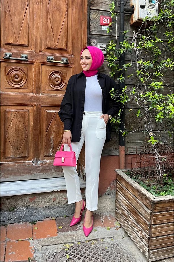 Kadın Cepli Kalem Paça Kumaş Pantolon-Beyaz - 6