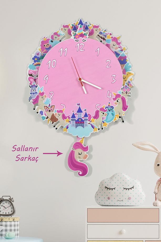 3 Boyutlu Unicorn Çocuk Odası Ahşap Duvar Saati Elf-2312026-3D - 1