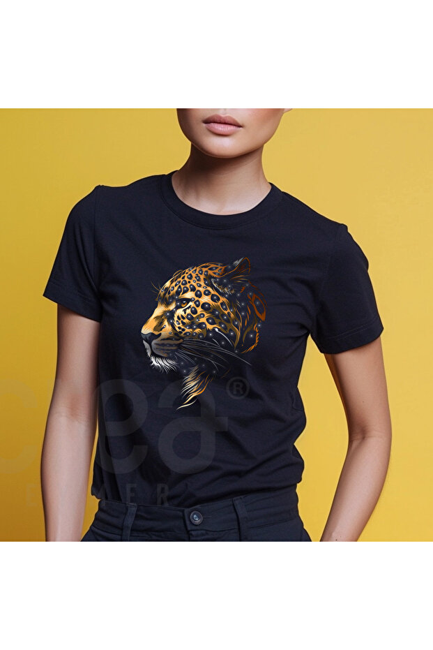 Leopard Digital Floor Pattern Crystal Stone Printed Black T-Shirt