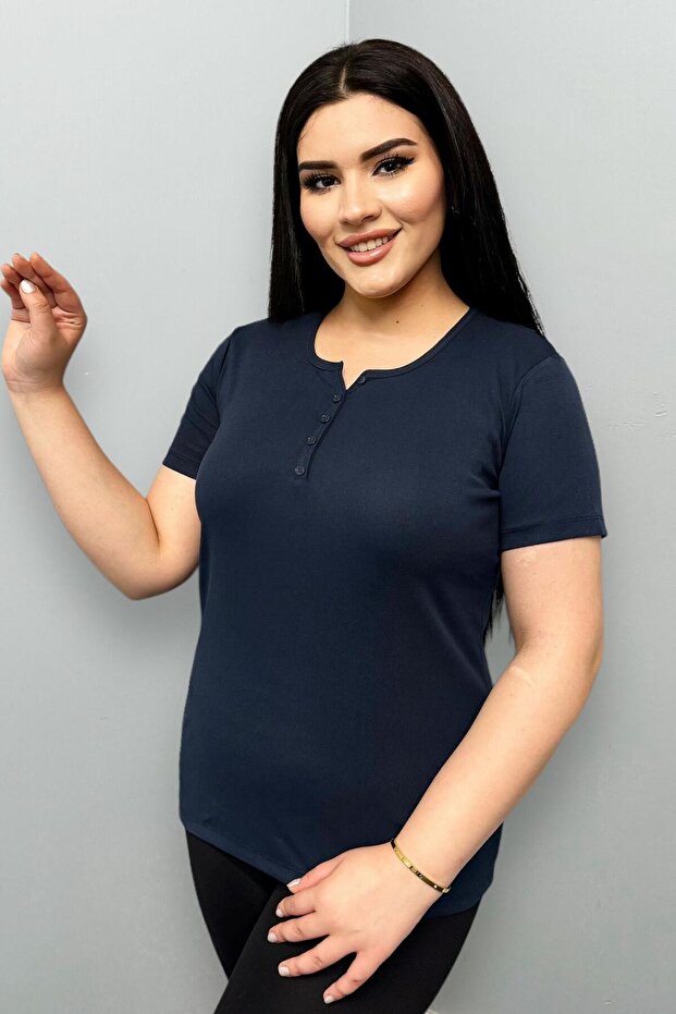 Plus Size Buttoned Front Cotton Basic Short Sleeve Blouse - 3