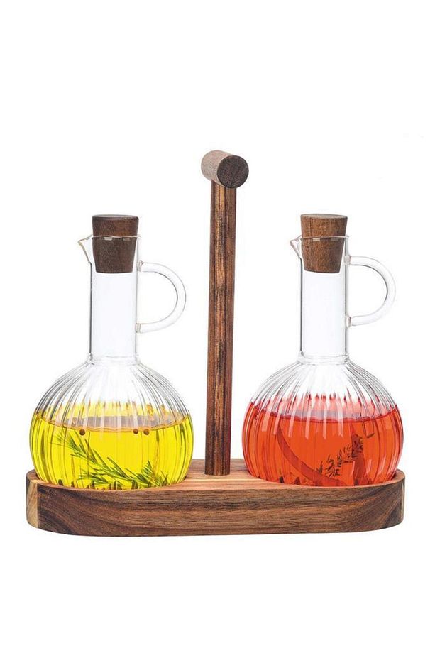 Bambu Standlı 2'li Borosilikat Cam Zeytinyağı ve Sıvıyağ Şişesi Yağdanlık – F/12 C1-1-289 - 2