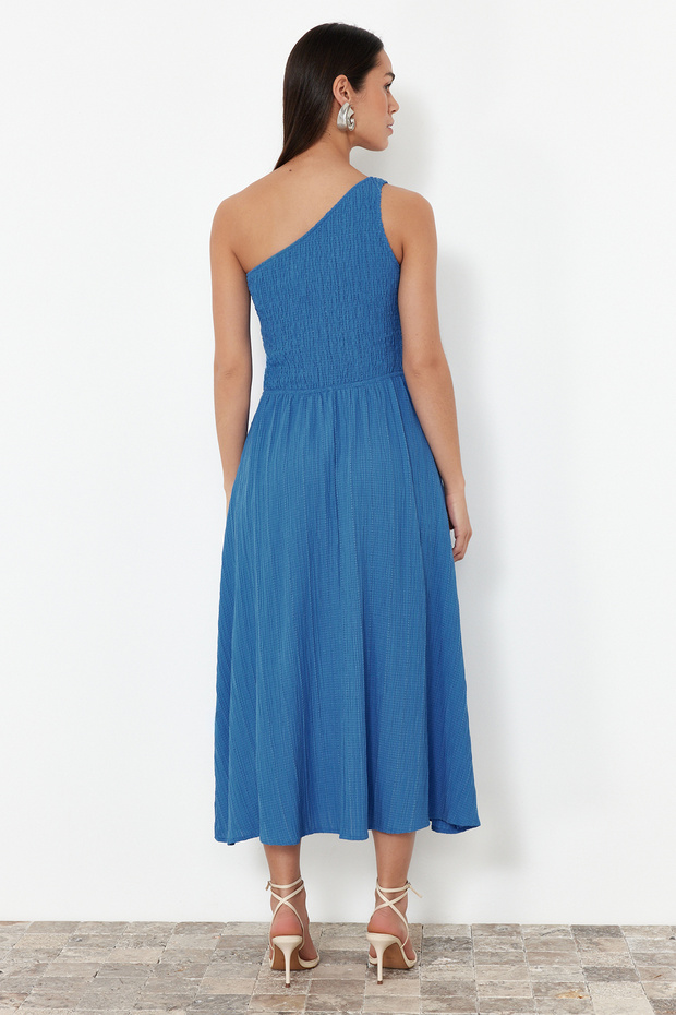 Saks Belden Açılan Üst Bedeni Gipeli Tek Omuz Midi Dokuma Elbise TWOSS23EL01830 - 7