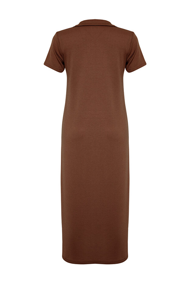 Kahverengi Polo Yaka Shift/Nromal Kesim Midi Örme Elbise TWOSS24EL01012 - 8