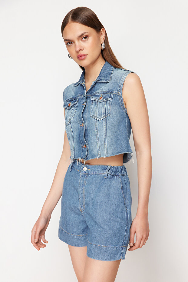 Mavi %100 Tencel™ Beli Lastikli Yüksek Bel Şort TWOSS24SR00116 - 3
