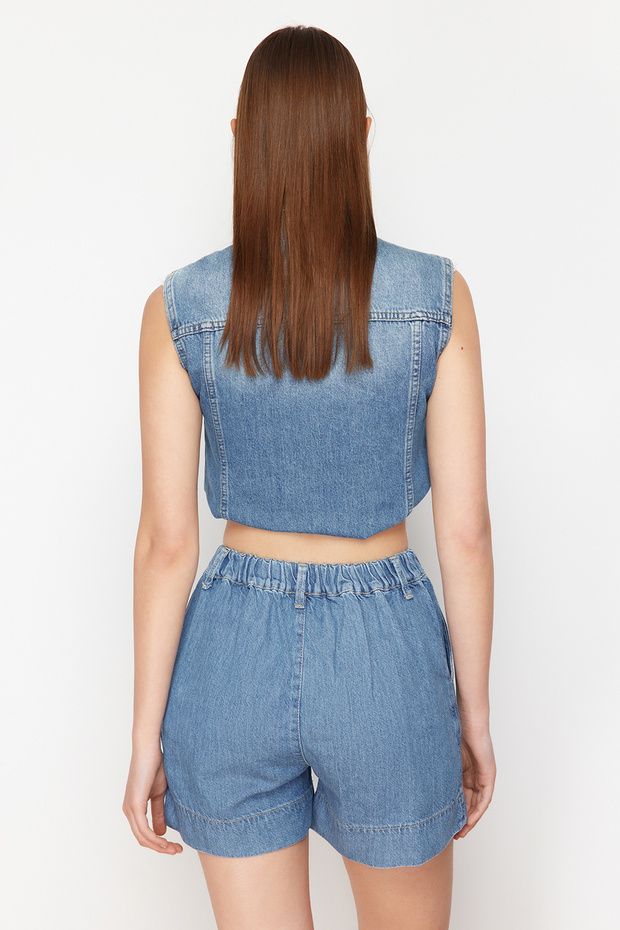 Mavi %100 Tencel™ Beli Lastikli Yüksek Bel Şort TWOSS24SR00116 - 6