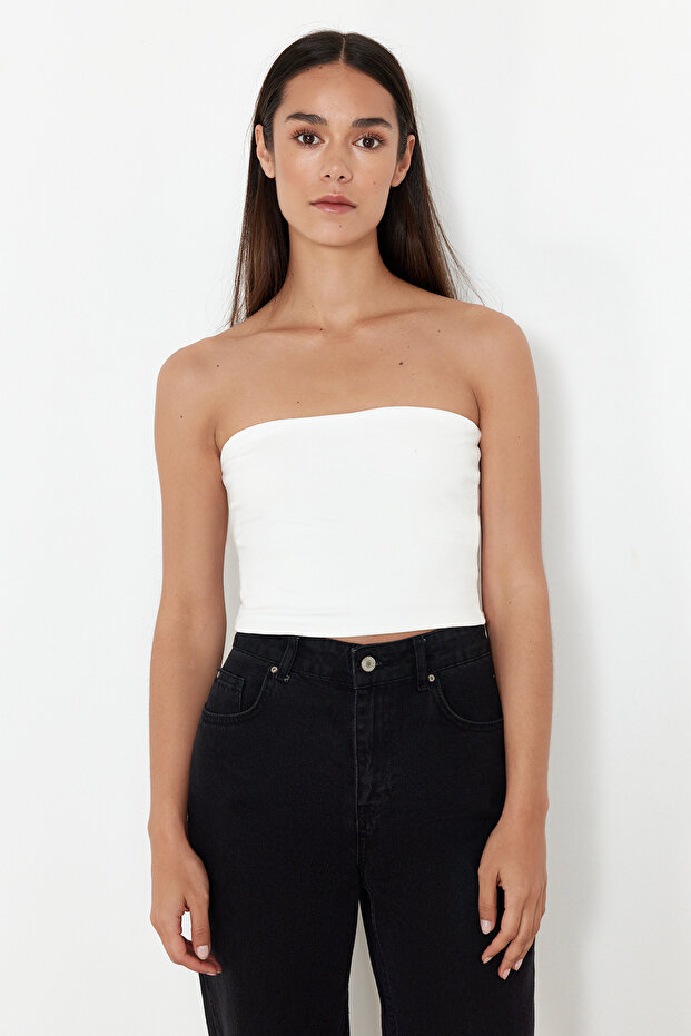 Siyah-Ekru 2'Li Paket Fitted Crop Esnek Örme Bluz TWOSS24BZ00600 - 4