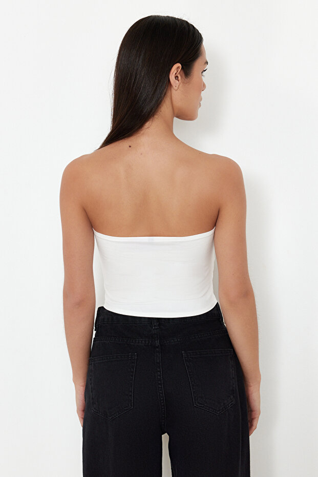 Siyah-Ekru 2'Li Paket Fitted Crop Esnek Örme Bluz TWOSS24BZ00600 - 5
