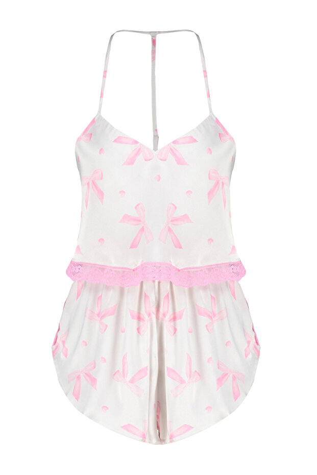Pembe Kurdele/Fiyonk Desenli Dantelli İp Askılı Crop Saten Şortlu Dokuma Pijama Takımı THMSS22PT0264 - 8