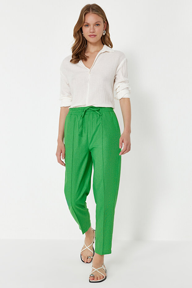 Yeşil Beli Lastikli Pull On Keten Karışımlı Dokuma Pantolon TWOSS24PL00144 - 2