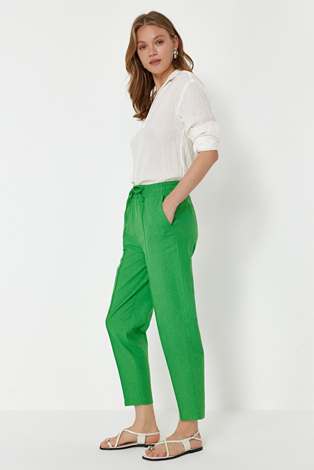 Yeşil Beli Lastikli Pull On Keten Karışımlı Dokuma Pantolon TWOSS24PL00144 - 3