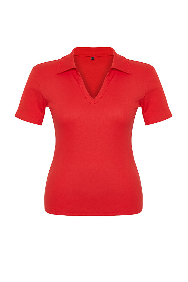 Kırmızı Polo Yaka Vücuda Oturan Fitilli Örme Bluz TBBSS22BZ0750 - 8