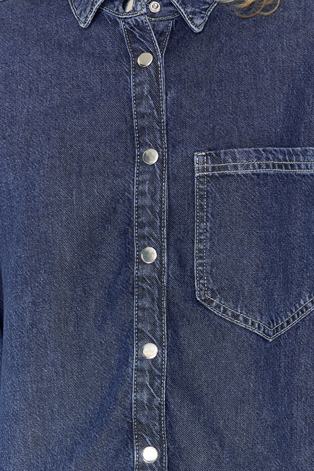 Koyu Mavi More Sustainable %100 Tencel™ Oversize Denim Gömlek TWOSS24GO00141 - 4
