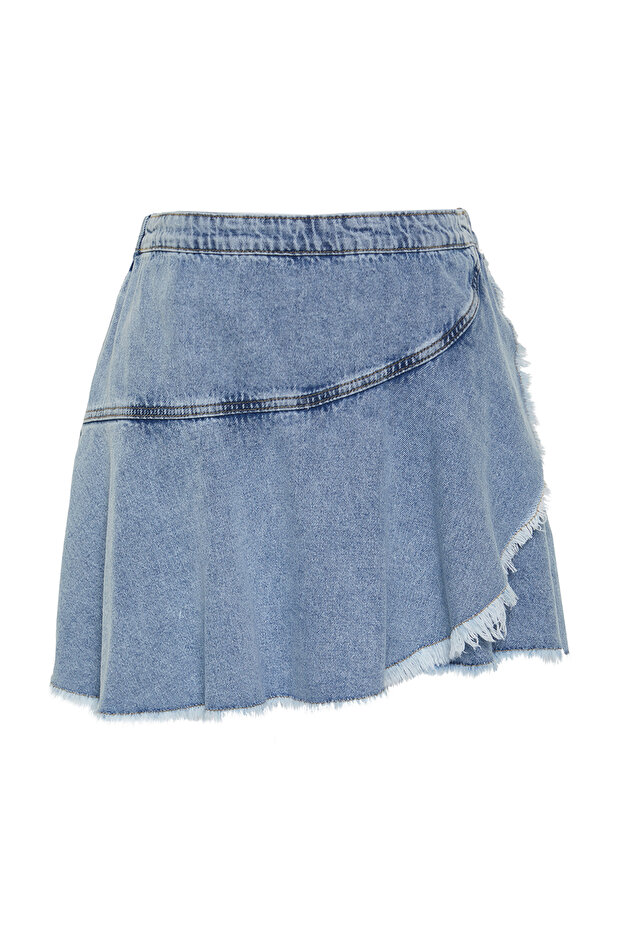 Açık Mavi Volan Detaylı Mini Denim Şort Etek TBBSS24AP00027 - 7