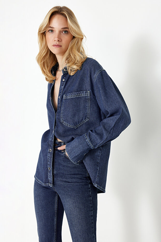 Koyu Mavi More Sustainable %100 Tencel™ Oversize Denim Gömlek TWOSS24GO00141 - 1