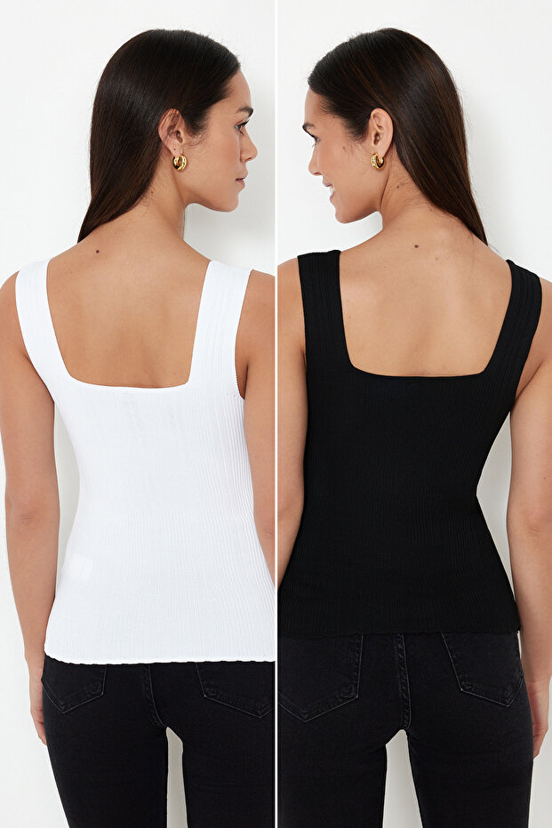 Siyah-Ekru Basic İkili Paket Top İnce Triko Bluz TWOSS24BZ00623 - 5