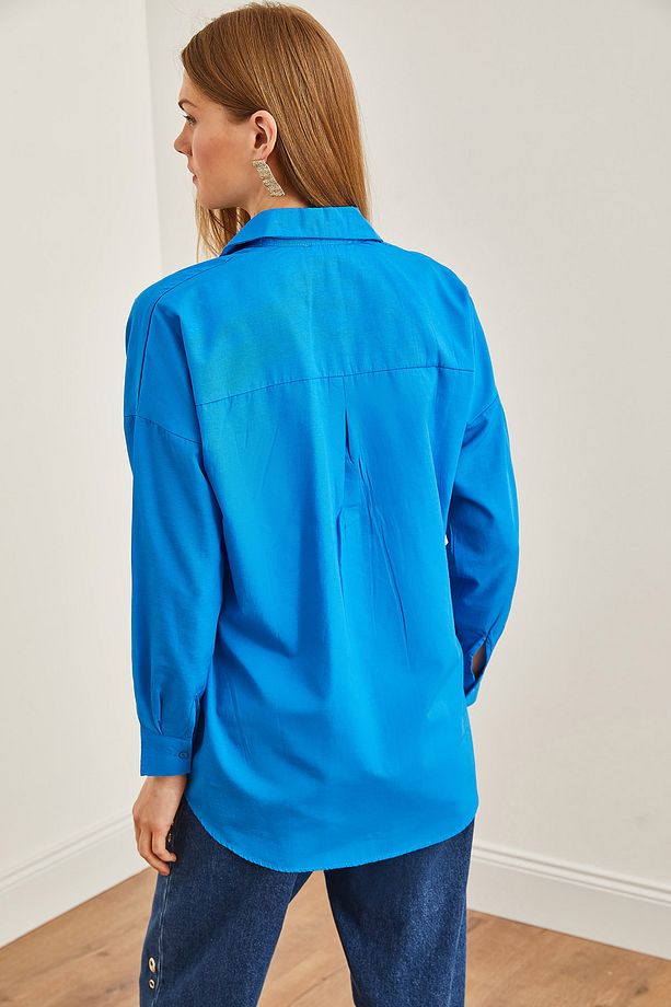 Kadın Gök Mavi Palmiye Pul Detaylı Oversize Dokuma Poplin Gömlek GML-19001016 - 6