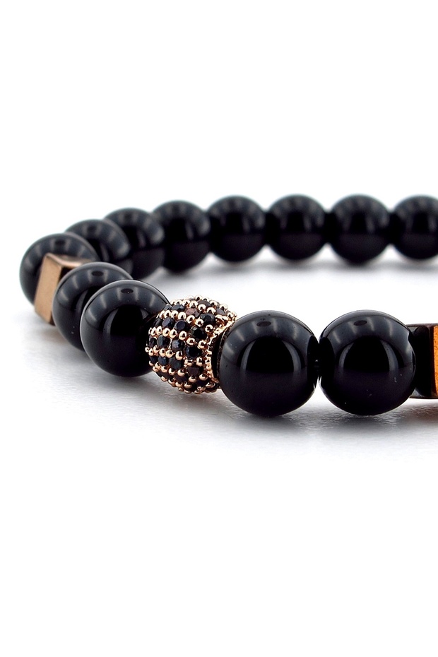Zircon Stone Sphere Black Glossy Onyx and Hematite Natural Stone Men's Bracelet J0259