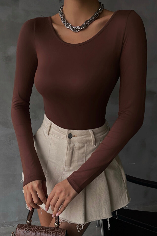 Kobieta Acı Kahve Princess Collar Basic Bluz - 2