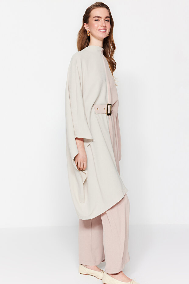 Bej Renk Bloklu Beli Kemerli Tunik-Pantolon Dokuma Takım TCTSS23US00046 - 3