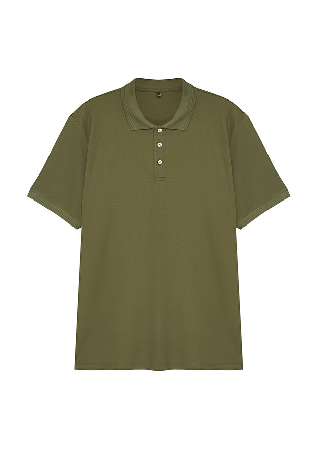 Büyük Beden Haki Regular/Normal Kesim Basic %100 Pamuk Polo Yaka T-shirt TMNSS24BF00000 - 4