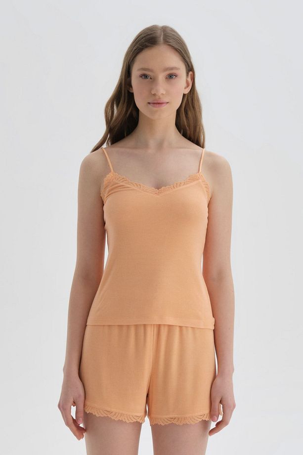 Turuncu Askılı Viskon Atlet Pijama Üstü - 5