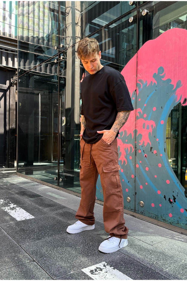 Baggy Brown Cargo Pocket Lace Detailed Trousers